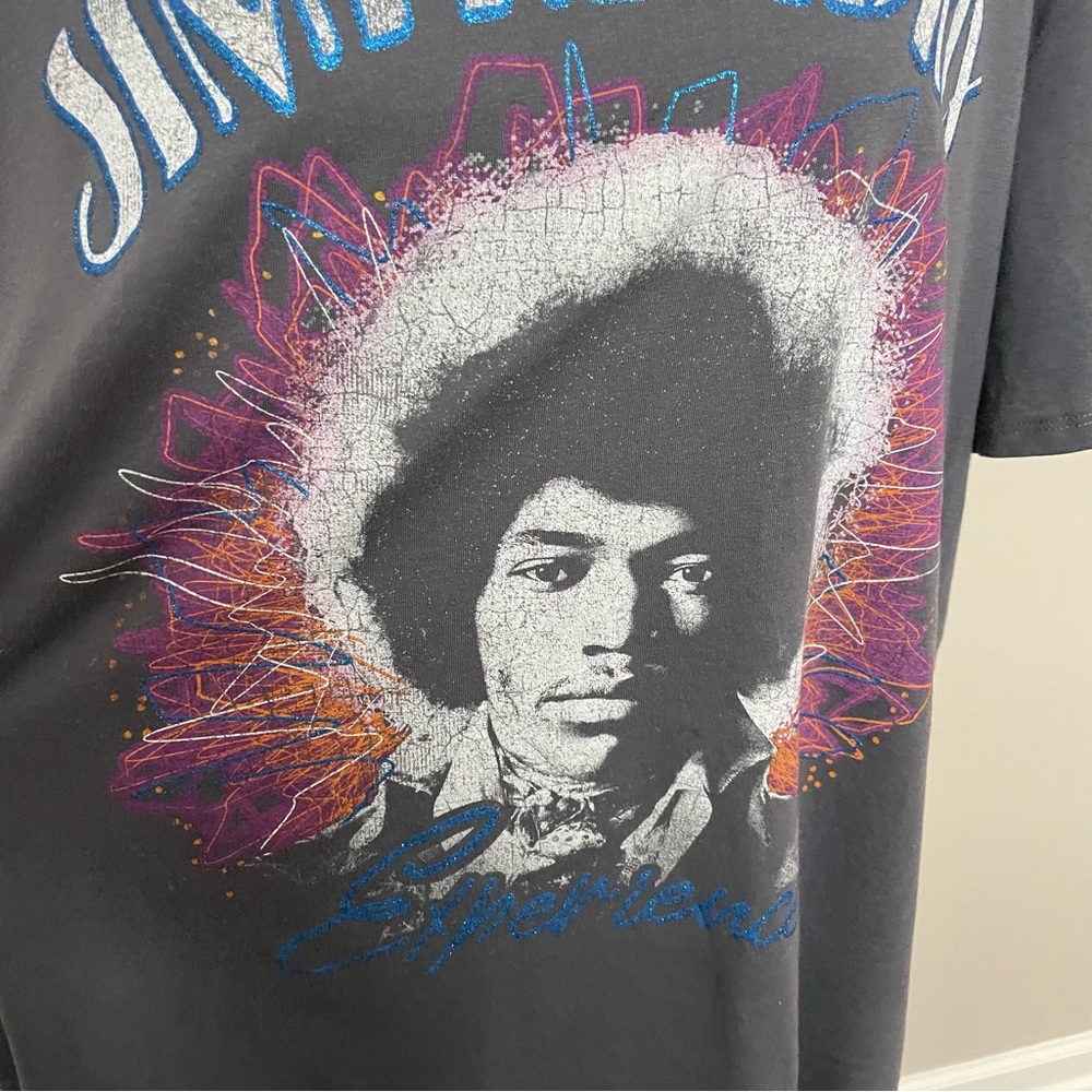 Authentic Hendrix Jimi Hendrix Tee Shirt Graphic Sparkle Glitter Grey Blue - Picture 2 of 11